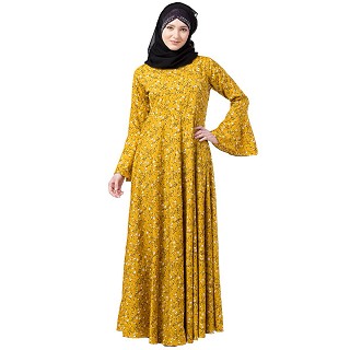 Mustard printed Umbrella dress abaya with bell sleeves